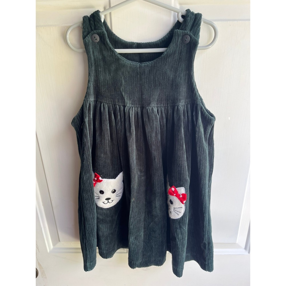 VTG Girls Green Corduroy Jumper Dress Kitty Holiday‎ Applique Pockets Dress Sz 4